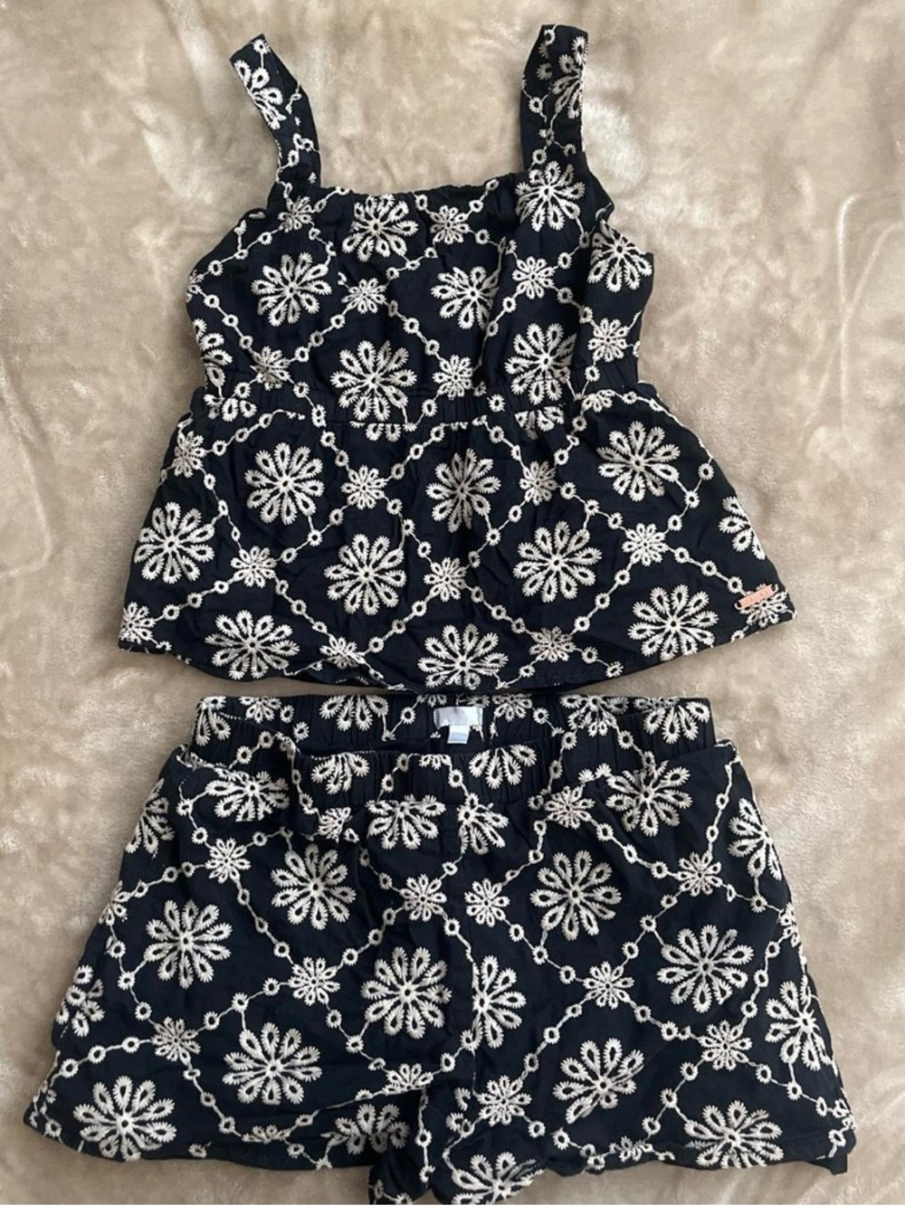 Navy Blue Floral Eyelet Two-Piece Tank & Shorts Set